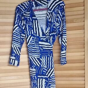 Lands' End Blue and White Abstract Wrap Dress Large 14-16 3/4 Sleeves